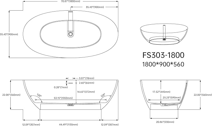 71'' Freestanding Solid Surface Resin Stone Bathtub, Freestanding Tub, Contemporary Design Stand Alone Tub with Pop-up Drain and Overflow, cUPC Certified, Matte White (Oval) AM3031800…