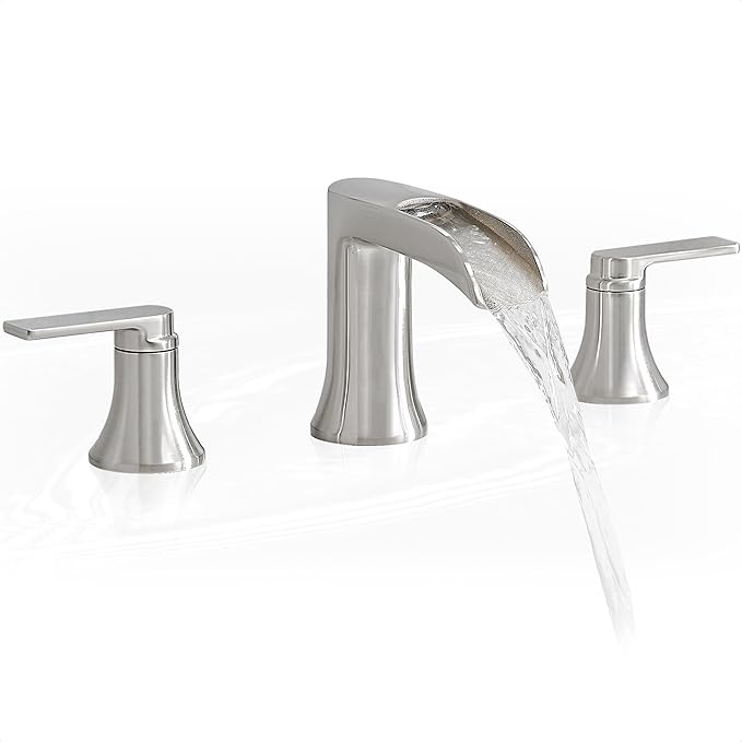 Brushed Nickel Tub Faucet Set 3 Hole, Brass Deck Mount Waterfall Bathtub Faucet Set, High Flow Widespread 6-16 Inch Roman Tub Faucets 2 Handle