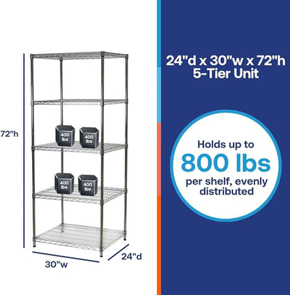 Shelving Inc. 24" d x 30" w x 72" h Chrome Wire Shelving with 5 Tier Shelves, Weight Capacity 500lbs Per Shelf