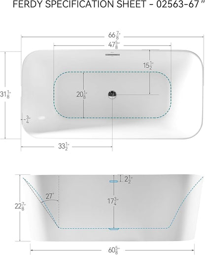 FerdY Maui 67" Freestanding Bathtub Elegant Freestanding Soaking Bathtub, Glossy White, cUPC Certified, Toe-Tap Chrome Drain & Overflow Assembly Included, 02563