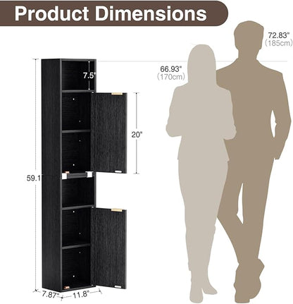 59.1" Tall Slim Bathroom Storage Cabinet Black | Freestanding or Wall Mounted Modular Cabinet, Fluted Panel Linen Tower with Adjustable Shelves for Small Spaces