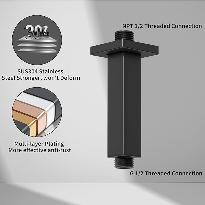 Matte Black Shower Arm with Flange Square Stainless Steel Ceiling Mounted Shower Extension Arm Pipe for Rainfall Shower Head, 4 inch