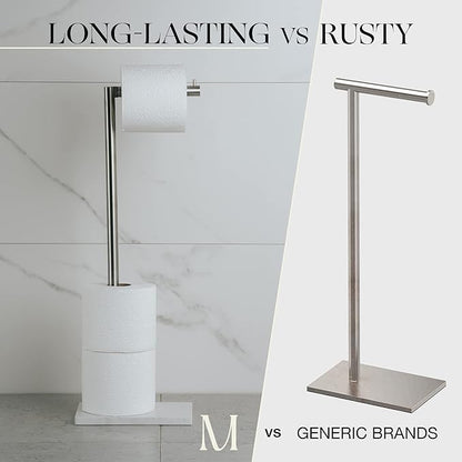 MARMOLUX ACC Free Standing Brushed Nickel Toilet Paper Holder Stand White Marble Base and Storage | 4 Jumbo Roll Bathroom Hardware Toilet Tissue Organizer | Stainless Steel Bathroom Decor Accessory
