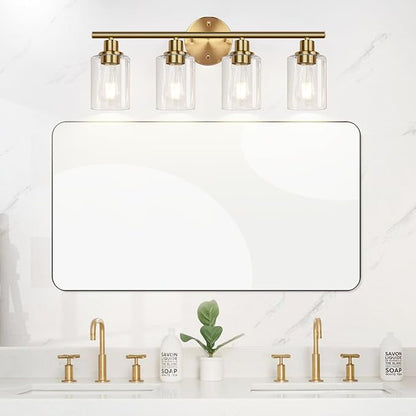 4-Light Bathroom Light Fixtures, Brushed Gold Modern Vanity Lights Over Mirror with Clear Glass Shade, Bathroom Wall Lamp for Mirror Kitchen Living Room Hallway Cabinet Porch Bedroom Reading room