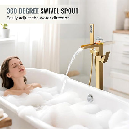 Freestanding Tub Faucet Brushed Gold: ALEASHA High Flow Max 6.74 GPM Free Standing Tub Filler - Brass Modern Floor Mount Bathtub Faucet with Handheld Shower, for the Ultimate Elegant SPA Experience