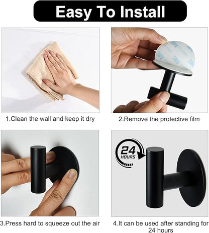 Self Adhesive Towel Hook Matte Black Coat Hook Brushed Nickel SUS304 Stainless Steel Heavy Duty Waterproof Towel Robe Clothes Hook Holder for Bathroom Kitchen Office Hotel Pool Wall Mounted Hook-4Pack