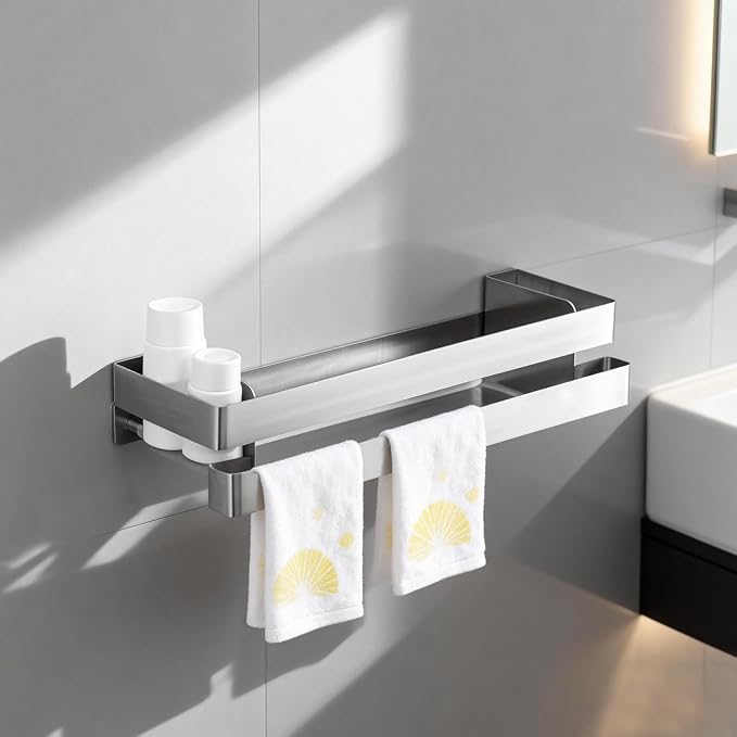 No Drilling Shower Caddy Adhesive Rustproof Bathroom Organizers and Storage Large丨Wall-Mounted Shelves丨Stainless Steel Adhesive Shower Rack for Bathroom Decor & Storage - Silver