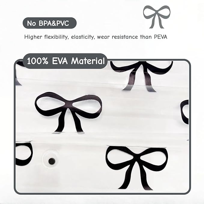Clear Cute Black Bow Shower Curtain Liner, Plastic Transparent Girly Fancy Shower Curtain, Aesthetic Preppy Shower Curtain Bow Bathroom Decor for Women, 72x72 Shower Curtain Set with Magnets 12 Hooks