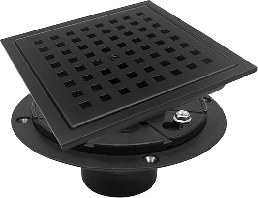 4 Inch Square Shower Drain with Flange, Removeable Grate SUS 304 Stainless Steel Shower Drain with Hair Catcher (Matte Black, 4 Inch)
