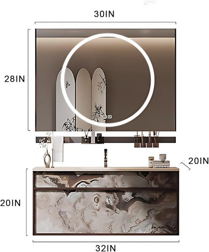 32IN Modern Bathroom Vanity with Sink - Bathroom Vanity with 2 Drawer Organizer, LED Mirror Lights & Defogging Function | Wall - Mounted Vanity with Multifunctional Storage Rack