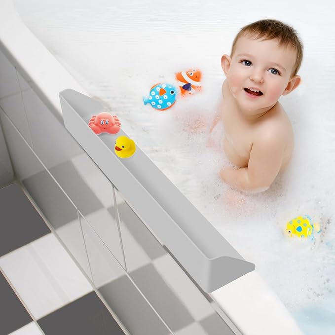Splash Guard for Bathtub, 3.8" x 3.6" Silicone Bath Tub Splash Guard with 6 Suction Cups, Bathtub SplashGuard Play Shelf Area for Kids with 3°Drainage Slope for Faster Drying - Grey