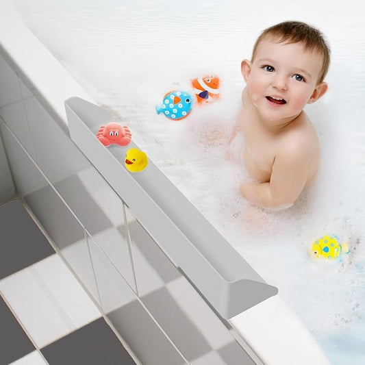 Splash Guard for Bathtub, 3.8" x 3.6" Silicone Bath Tub Splash Guard with 6 Suction Cups, Bathtub SplashGuard Play Shelf Area for Kids with 3°Drainage Slope for Faster Drying - Grey