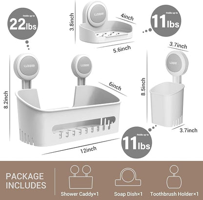 LUXEAR 3 Pack Shower Caddy Suction Cup Set - Shower Shelf, Soap Dish, Toothbrush Holder - White