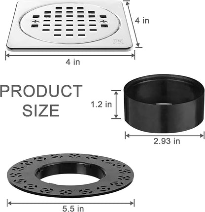 4” Shower Floor Drain Grate Kit Chrome - Compatible with Schluter Kerdi-Drain Flange - with Adjustable Collar & Removable Square Cover, SUS304 Stainless Steel & CUPC Certification