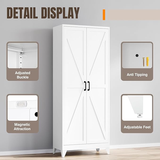 Yizosh Metal Storage Cabinet with Doors and 4 Adjustable Shelves - 75" White Kitchen Pantry Storage,4-Tier Tall Steel Cabinet Locker for Kitchen,Living Room,Dining Room