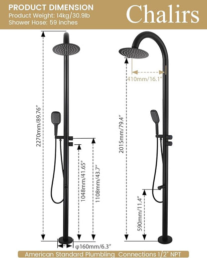 316 Marine Grade Stainless Steel Free Standing Outdoor Shower with Foot Wash, 3-Function Matte Black Shower Kit with 10''Rain Shower Head,Outdoor Shower Fixture for Yard Beach Poolside Garden