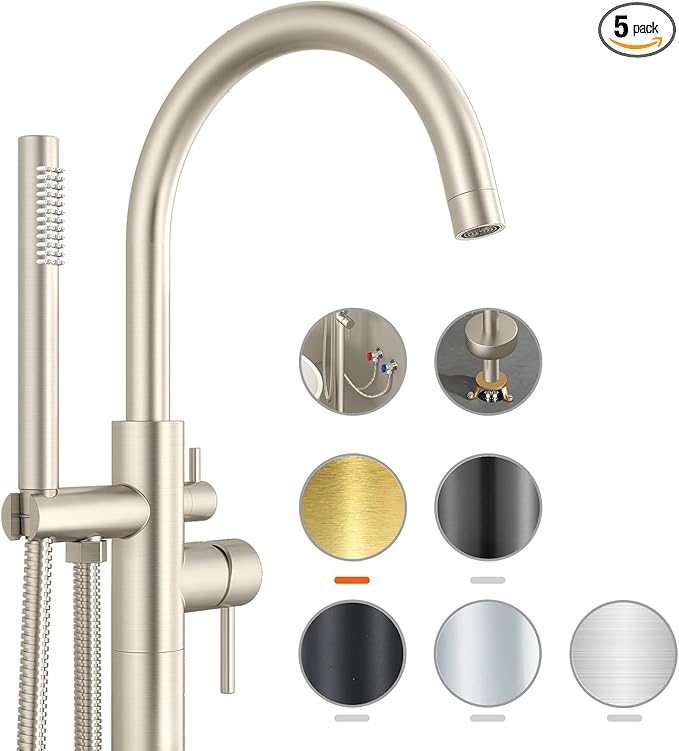 Freestanding Bathtub Faucet Waterfall Tub Filler Brushed Nickel Floor Mount Brass Single Handle Bathroom Faucets with Hand Shower (Electroplating color, The bottom of the water)