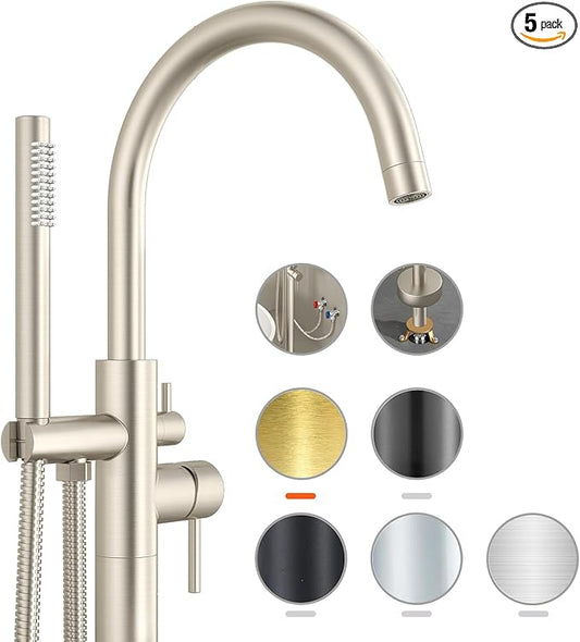 Freestanding Bathtub Faucet Waterfall Tub Filler Brushed Nickel Floor Mount Brass Single Handle Bathroom Faucets with Hand Shower (Brushed Nickel, Water in the side)