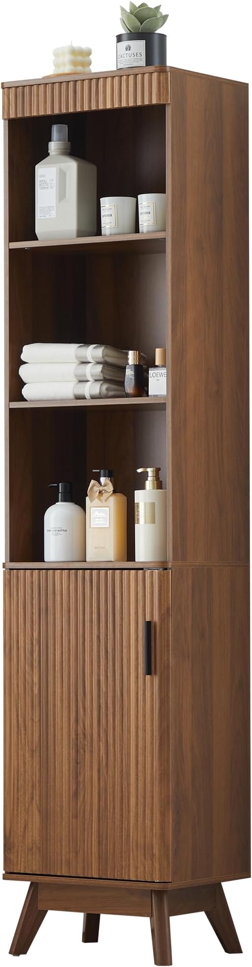 68" Tall Bathroom Storage Cabinet,Narrow Fluted Tower Cabinet with Door and Shelves,Slim Space Saving Storage Unit for Bathroom Kitchen Living Room (Walnut, 11.8" D x 15.75" W x 68" H)