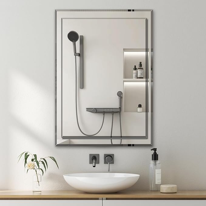 VASUHOME 22x32 Inch Frameless Double Layered Mirror with Polished Beveled Edge, HD Walll Vanity Mirror - Ideal for Bathroom, Living Room, Washroom, and Bedroom