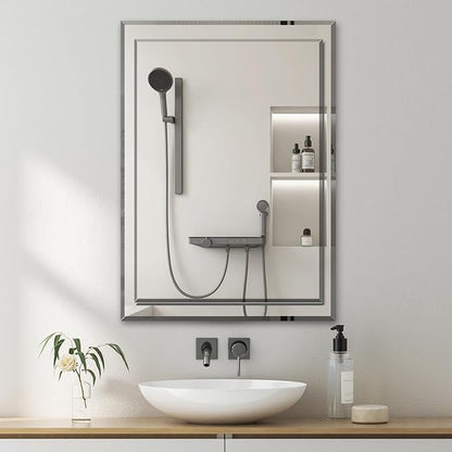 VASUHOME 22x32 Inch Frameless Double Layered Mirror with Polished Beveled Edge, HD Walll Vanity Mirror - Ideal for Bathroom, Living Room, Washroom, and Bedroom