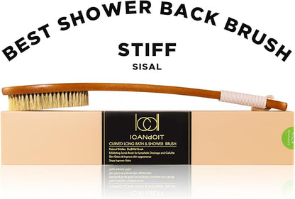 ICANdOIT-17.71Inch Natural Stiff Sisal Bristles Anti-Slip Curved Long Handle Bath Brush,Bent Handle Shower Scrubber for Exfoliating,Shower Back Brush