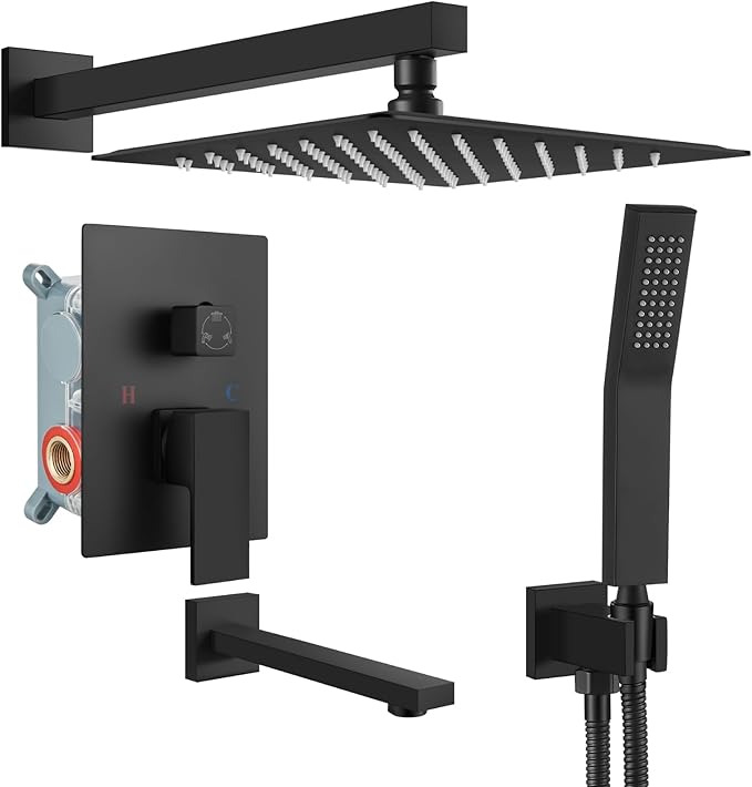 gotonovo Shower System with Tub Spout Wall Mounted Rain Shower Head and Handle Combo Shower Faucet Set with Valve, 10 Inch, Matte Black