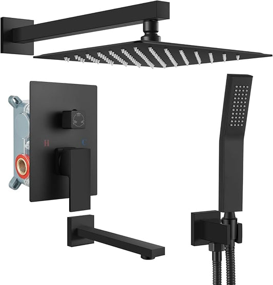 gotonovo Shower System with Tub Spout Wall Mounted Rain Shower Head and Handle Combo Shower Faucet Set with Valve, 10 Inch, Matte Black