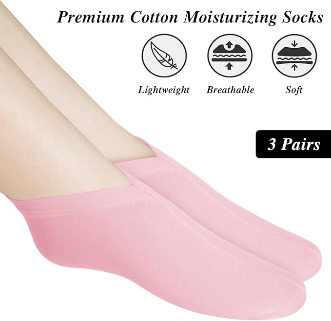 3 Pairs Foot Moisturiser Socks Overnight, Spa Cotton Socks for Foot Cream, Lotion Sock for Moisturising for Dry Feet Care, Moisturising Sock for Cracked Heel Repair Women Men (Pink)
