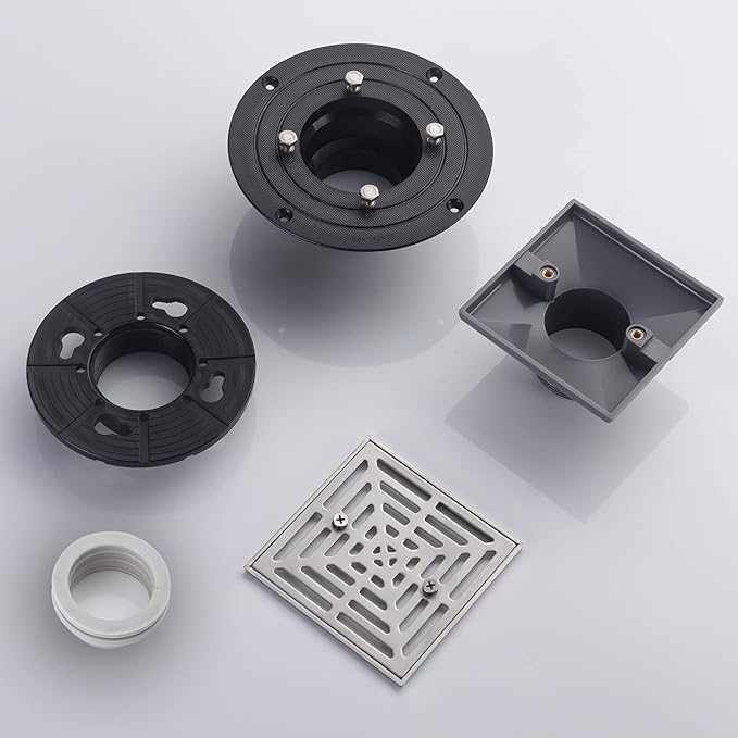 4-1/4"Square Brushed Nickel Shower Drain，Base with Adjustable Drain Flange Kit PVC,Removable Grille Strainer Drain Cover with Screws,SUS304 Stainless Steel