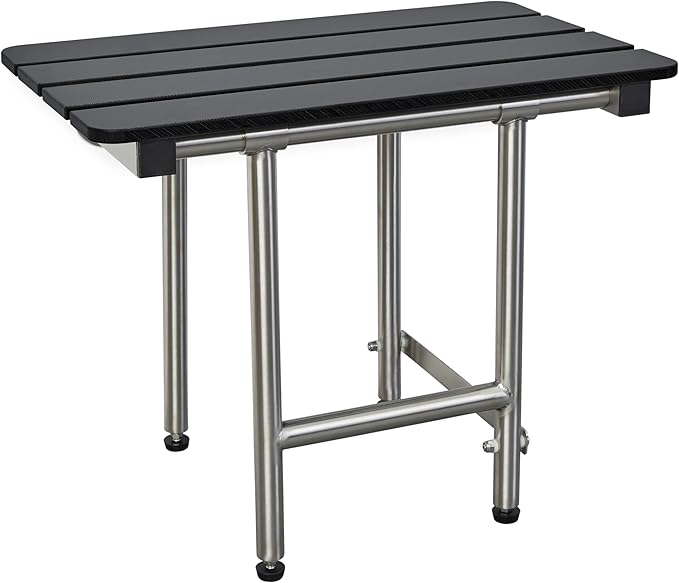 32-inch x 15-inch ADA Bariatric Folding Wall Mount Bathroom Shower Seat Bench with Legs, Black Slatted Phenolic Seat