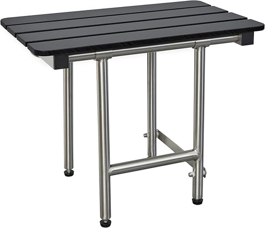 28-inch x 15-inch ADA Bariatric Folding Wall Mount Bathroom Shower Seat Bench with Legs, Black Slatted Phenolic Seat
