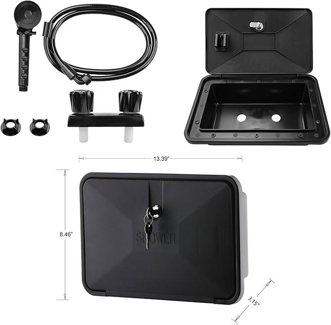 RV Exterior Shower Box Outdoor Camper Trailer Shower Kit with Shower Faucet Shower Head and Hose wall box portable use for Camper Van Travel Trailer Motorhome and Boat (Black)
