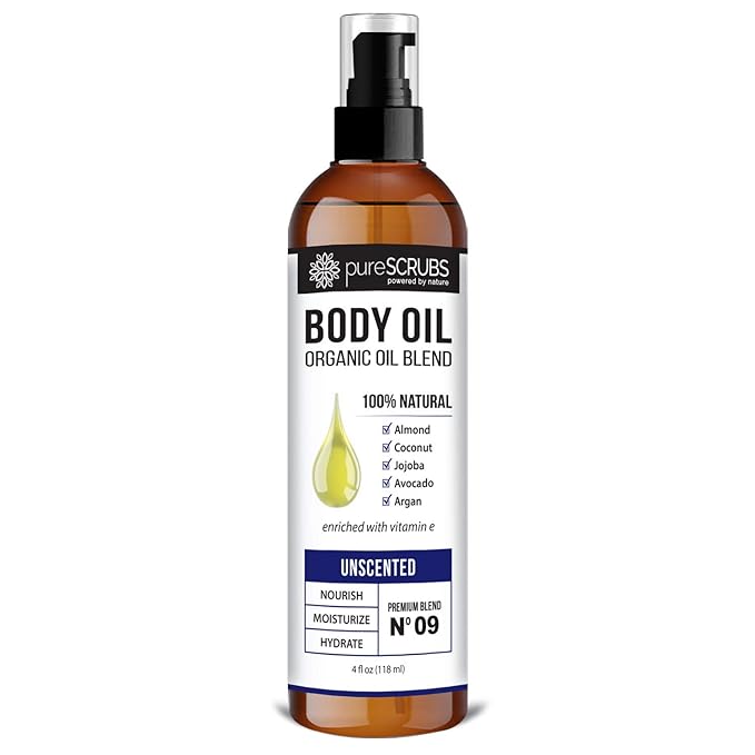 pureSCRUBS Ultra Moisturizing Unscented Body Oil Spray for Dry Skin, Massage, Stretch Marks, Organic Super Blend of Jojoba, Argan, Coconut, Sweet Almond & Avocado Oils Enriched with Vitamin E, Lg 4oz