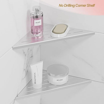 Neodrain 10" Brushed Corner Wall Shelf Set of 2, Floating Corner Shelves for Wall, 304 Stainless Steel Shower Storage Shelves for Bathroom, No Drilling