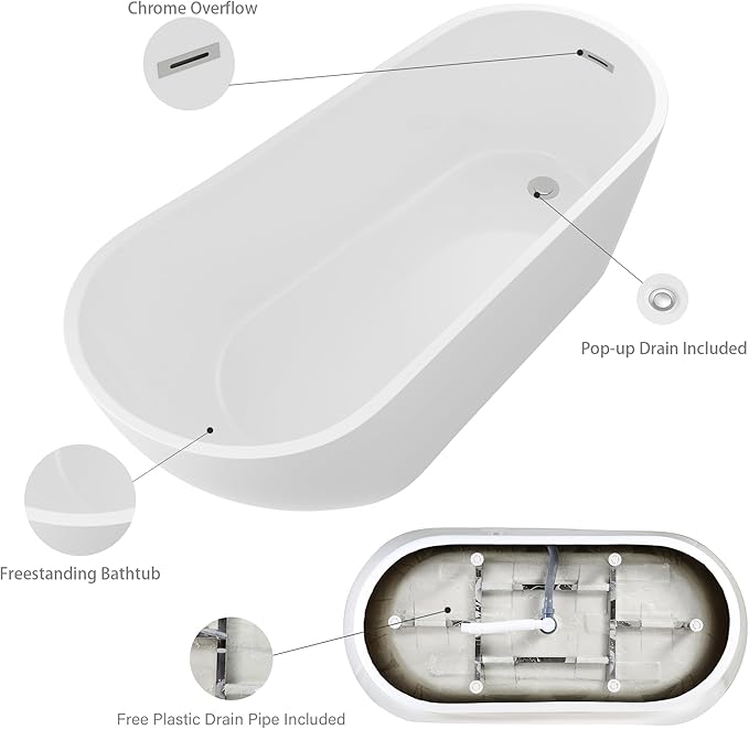 Logmey 67 Inch White Acrylic Freestanding Bathtub Oval Shape Soaking Tub with Chrome Drain & Overflow Assembly for Classic and Modern Bathrooms