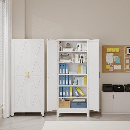 75" Tall Metal Kitchen Pantry Storage Cabinet, Freestanding Cupboard with 2 Doors and 5 Adjustable Shelves, Standing Storage for Kitchen, Bathroom, Garage, Dinning Room or Utility Room（White）