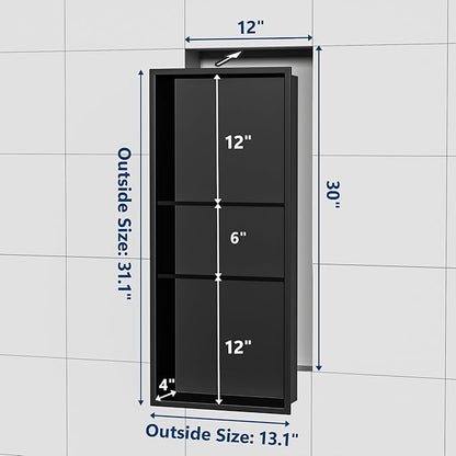 Neodrain 12X30 in Shower Niche, Matte Black 3 Layers Shower Shelf Stainless Steel Recessed Storage NO Tile Needed Recessed Niche Shower for Bathroom Storage