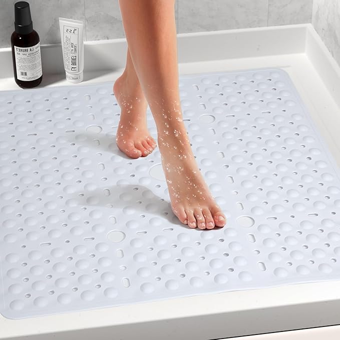 Large White Square Shower Mat Non Slip 27 x 27 Inch, Soft Bath Mat Bathtub Mat for Inside Shower Floor, Bathroom Shower Stall Mats with Big Suction Cups Drain Holes, Easy Washable, BPA-Free
