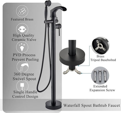 Senlesen Matte Black Bathroom Single Handle Freestanding Bathtub Faucet Floor Mounted Waterfall Tub Filler with Hand Shower Set