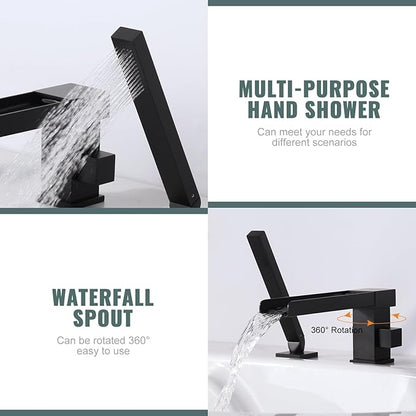 Waterfall Roman Tub Filler Faucet, Deck Mount Bathtub Filler with 360°Swivel Spout, 3 Holes Bathroom Tub Faucet with Sprayer, Matte Black