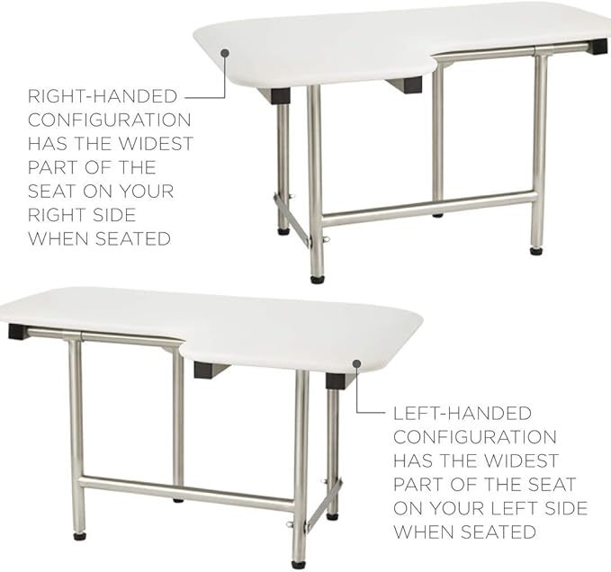 32" x 22.5" White Padded Wall Mount Folding Right-Handed Transfer Bench Shower Seat with Legs, ADA Compliant
