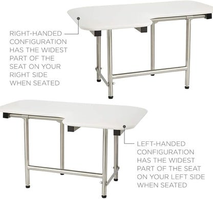 32" x 22.5" White Padded Wall Mount Folding Right-Handed Transfer Bench Shower Seat with Legs, ADA Compliant