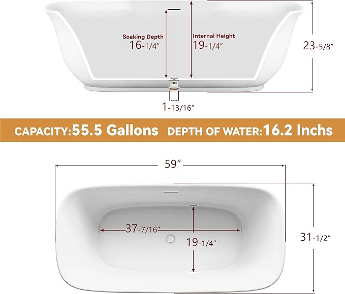 59" Free Standing Tub, Pure Acrylic Freestanding Bathtub, Stylish Stand Alone Contemporary Deep Soaking Bath Tub, cUPC Certified SY6250 (Glossy White)