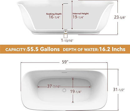59" Free Standing Tub, Pure Acrylic Freestanding Bathtub, Stylish Stand Alone Contemporary Deep Soaking Bath Tub, cUPC Certified SY6250 (Glossy White)