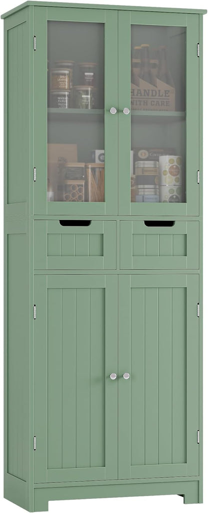 HORSTORS 67" Tall Bathroom Storage Cabinet, Freestanding Storage Cabinet with Glass Door and Shelves, Kitchen Pantry Linen Cabinet with 2 Drawers for Bathroom, Living Room, Dining Room, Green