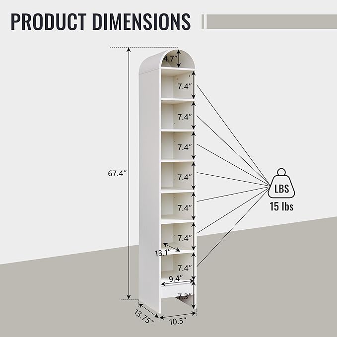 67" Tall Arched Bathroom Storage Cabinet, 8-Tier Modern Farmhouse Storage Cabinet with Adjustable Shelves, Wood Freestanding Cabinet for Bathroom, Living Room, Entryway, Hallway (Antique White)