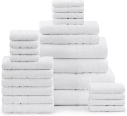 Casa Platino 24 Piece Cotton Towel Set – Ring Spun, Soft & Absorbent Towels, Full Bathroom Set with Bath Sheets, Hand Towels, Gym Towels & Washcloths, Machine Wash Safe – White