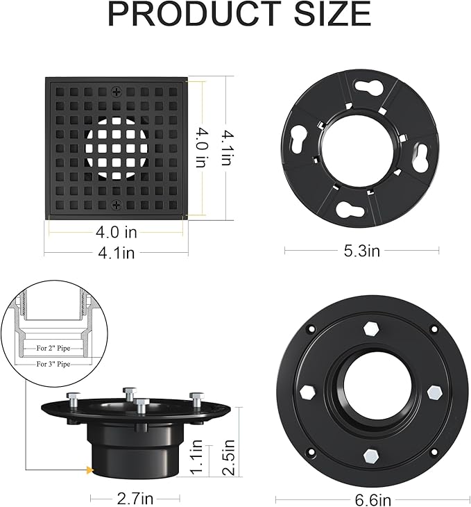 4 Inch Square Shower Floor Drain, Matte Black 304 Stainless Steel Shower Floor Drain Kit with ABS Flange for 2" or 3" Pipe, Removable Grid Cover Hair Strainer Catcher,CUPC Certified