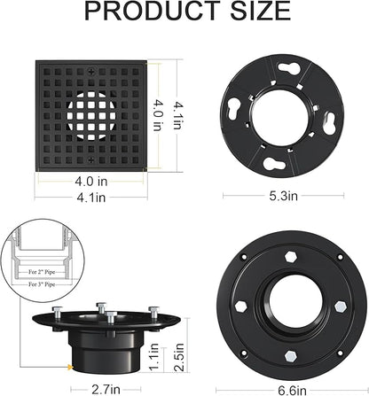4 Inch Square Shower Floor Drain, Matte Black 304 Stainless Steel Shower Floor Drain Kit with ABS Flange for 2" or 3" Pipe, Removable Grid Cover Hair Strainer Catcher,CUPC Certified